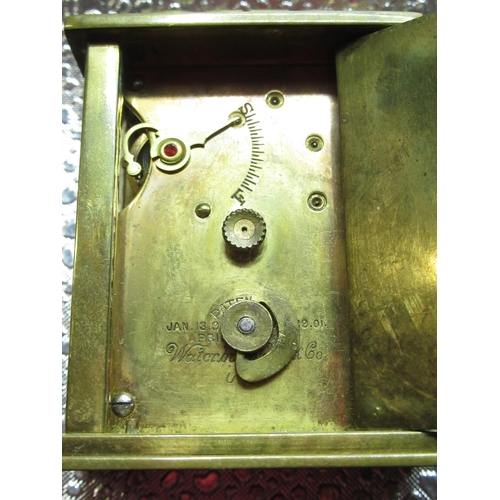 38 - Imhorf Swiss brass cased carriage clock type travel alarm, two miniature brass cased carriage clock ... 