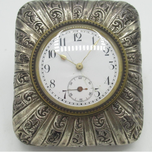 40 - Late Victorian silver cased desk timepiece with repousse decoration, Birmingham 1897