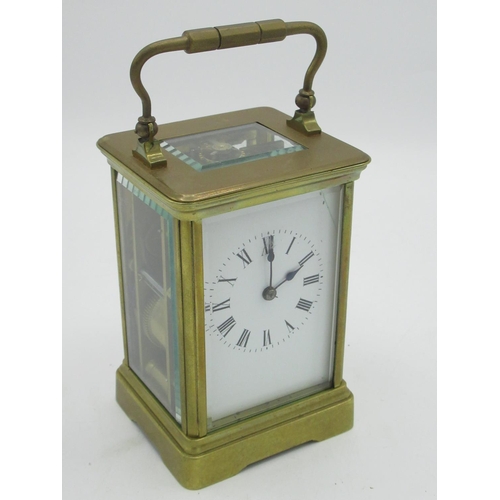 5 - Early C20th French carriage clock timepiece with visible platform lever escapement, two train hour a... 