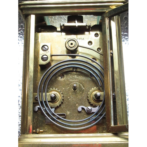 6 - Early C20th French carriage clock timepiece with visible platform lever escapement, two train hour a... 