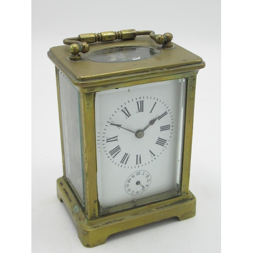 9 - Early C20th French carriage clock alarm with white enamel dial and subsidiary alarm indicator, visib... 