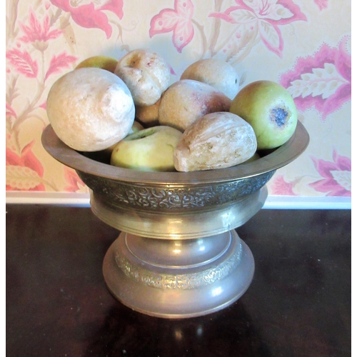 2035 - Late C19th turned brass pedestal bowl decorated with floral bands and a collection of marble fruit, ... 