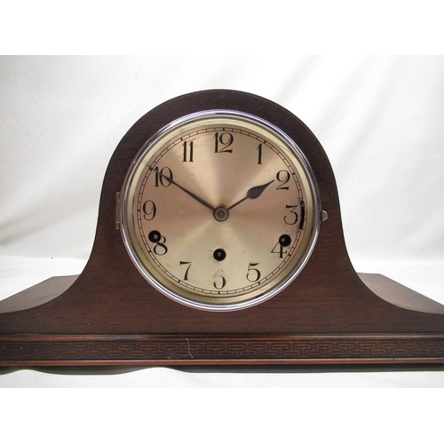 184 - Perivale oak cased chiming mantel clock, chrome plated bezel enclosing two tone silvered dial, three... 