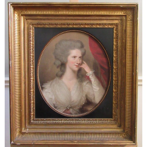 2037 - English School (Late C18th) Portrait of a young woman half length in white dress, oval oil on canvas... 