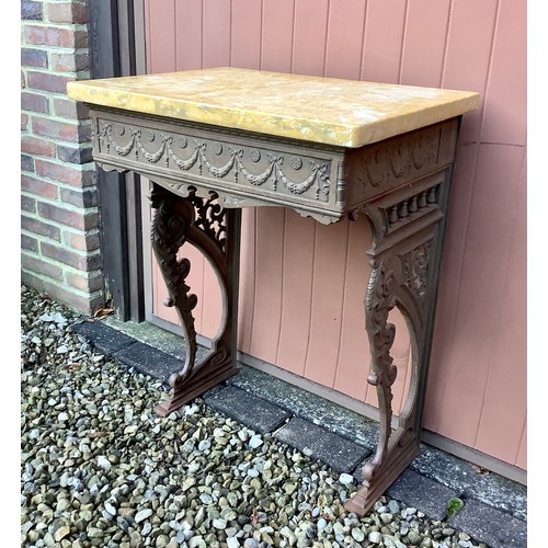 2001 - Victorian cast iron pier table in the Geo.III style, ribbon tied frieze on baluster pierced acanthus... 