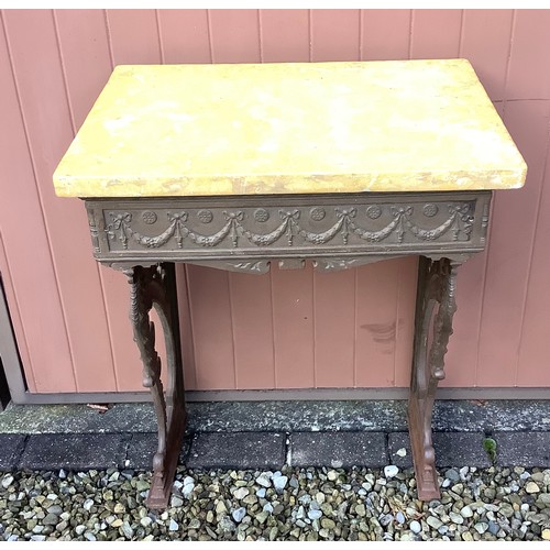 2001 - Victorian cast iron pier table in the Geo.III style, ribbon tied frieze on baluster pierced acanthus... 