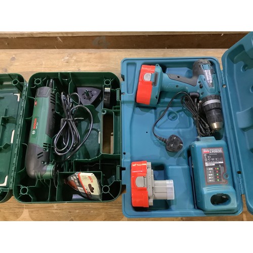 3351 - Makita rechargeable drill with spare battery and charger, and a Bosch boxed electric sander, cutter ... 