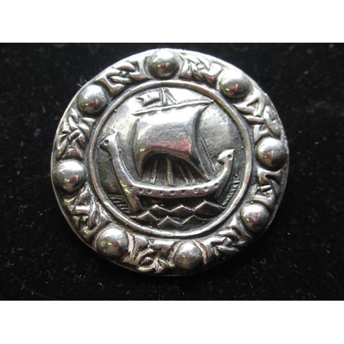 36 - Hallmarked Sterling silver Charles Horner brooch with Celtic sailing ship design on a circular mount... 