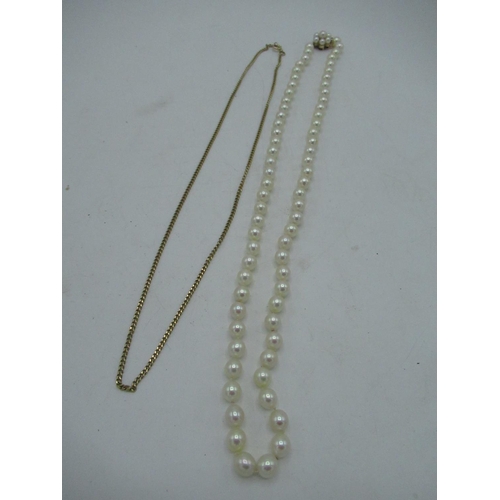 58 - 9ct gold curb chain necklace with spring ring clasp stamped 9ct, L46cm, 5.2g and a pearl necklace wi... 