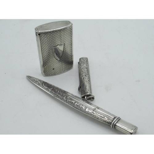 5 - Hallmarked Sterling silver reversible pencil holder in leaf shape form engraved foliate scrolls, Bir... 