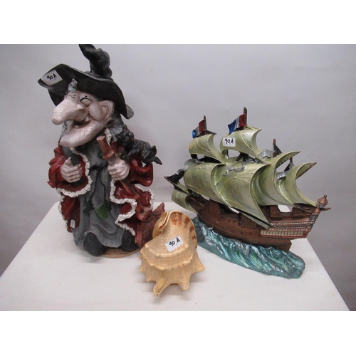 90A - Plaster cast painted figure of a witch, H50cm, cast model of a galleon and a mounted conch shell (3)