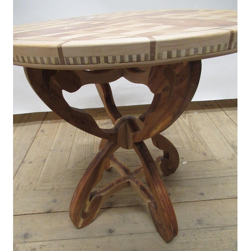 96 - Hand crafted occasional table, top inlaid with segmented oak, ash and yew, on carved scrolled legs, ... 