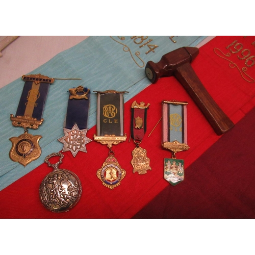 64 - Three Royal Antediluvian Order of Buffaloes sashes, gavel, five medals, pewter tankard from one memb... 