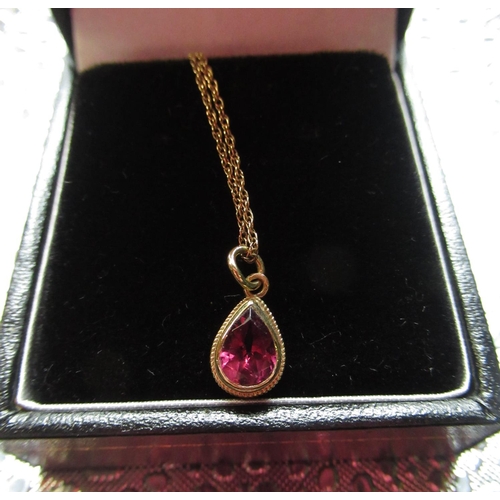 3 - 9ct gold and amethyst teardrop pendant on 9ct gold rope chain necklace, gross 1.5g
