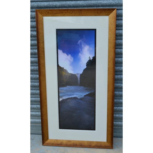 880 - Colour photographic study of a waterfall, 85cm x 31cm in gold cloud effect frame