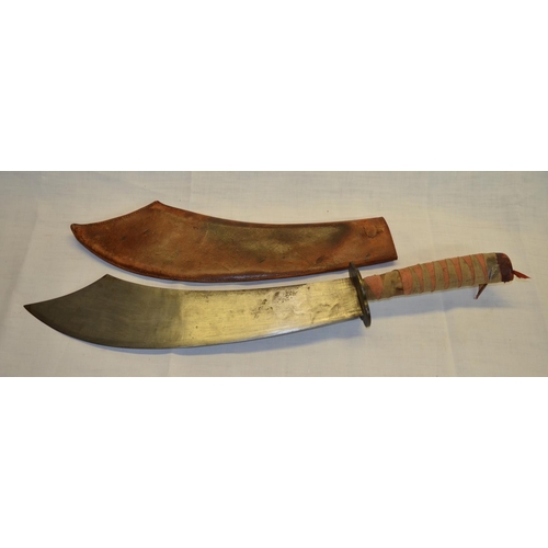 108 - Chinese executioners style sword with leather sheath, bronze tsuba and swollen mount grip, 21