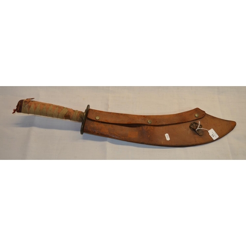 108 - Chinese executioners style sword with leather sheath, bronze tsuba and swollen mount grip, 21