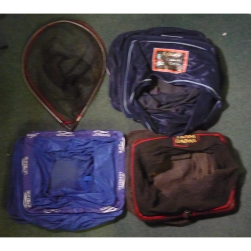 154 - large Drennan fishing bag with three large carp keepnets inside, case full of keepnet stands, poles ... 