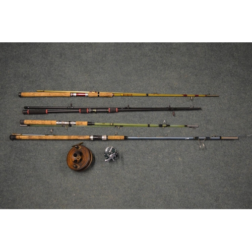 155 - Four, two piece spinning rods, including one Bassfisher by Winfield multiplier reel, one large Notti... 