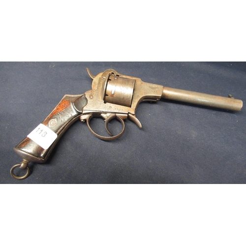 118 - Belgium six shot Jongen Freres Brevete pinfire revolver with two piece wooden grips, lanyard ring an... 