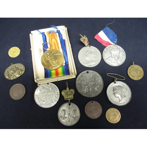 129 - Collection of commemorative medallions including Scarborough commemorative penny, boxed Victory meda... 