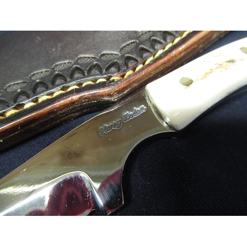 165 - Small Harry Boden skinning knife with antler handles, full tang, blade L9cm, overall L16cm, in leath... 