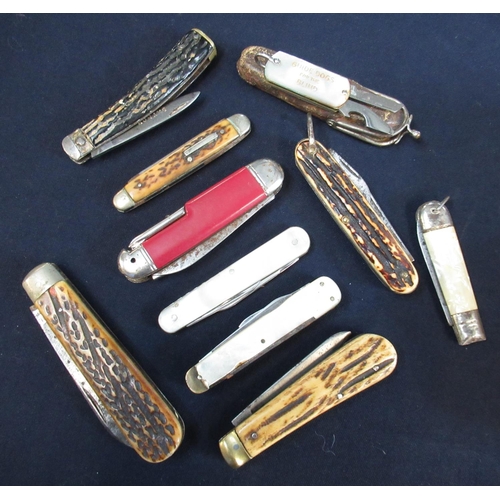 173 - Nine pocketknives with various handles including pearl and antler, makers including Thomas and Turne... 