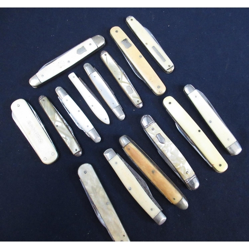 174 - Fifteen pocketknives with mainly bone and mother of pearl handles, makers including William Rogers o... 