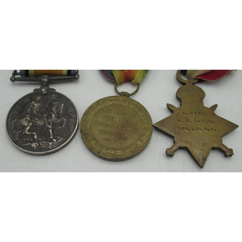 96 - WWI 1914 - 15 Star trio of medals, awarded to A. 6740  W. E. Sands Smm. R.N.R