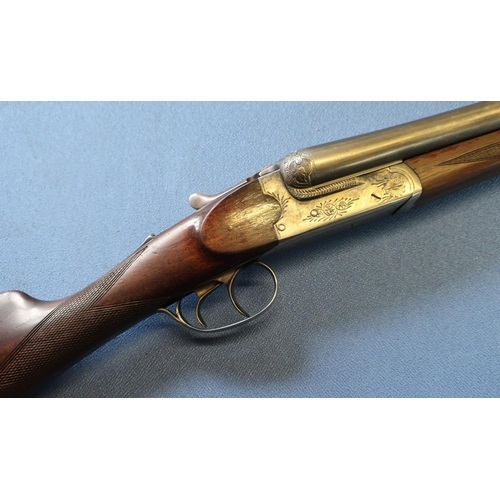 385 - Spanish, side by side ejector shotgun with 28 inch barrels, choke 1/2 & Full, with 14 1/4 inch strai... 