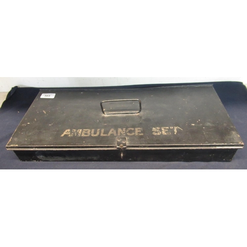 303 - WWII metal cased ambulance First Aid kit with contents and fire guard armband marked S.F.P (Suppleme... 