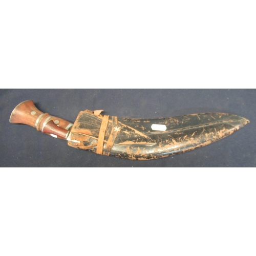 313 - Wooden handled kukri in leather and wood sheath with single skinning knife (A/F) (2)