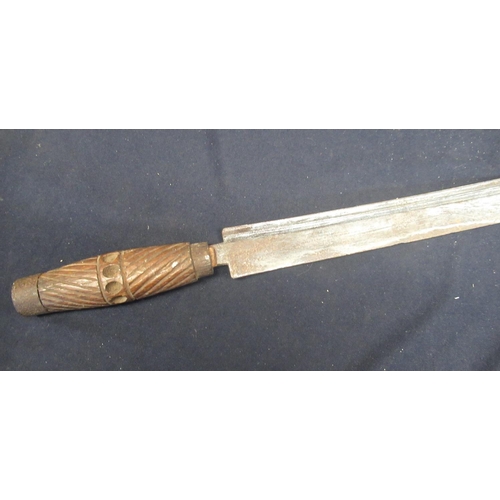 317 - Large tribal sword with wooden carved handle (missing handguard) and full tang, blade L26