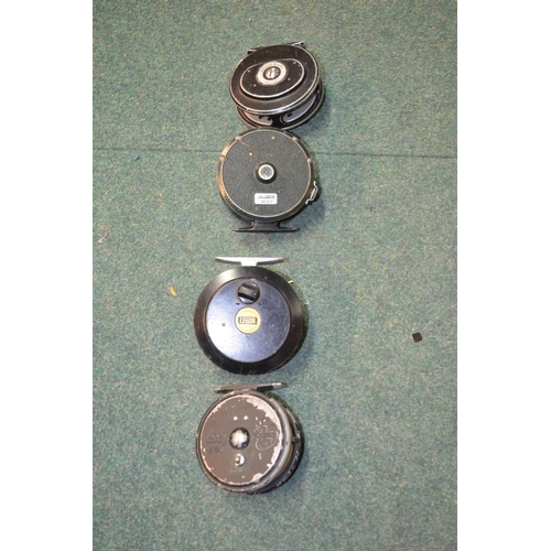 151 - Four fly fishing reels (2x Leeda Rimfly, one Shakespeare Norris and a Rainbow 