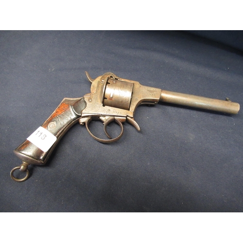 118 - Belgium six shot Jongen Freres Brevete pinfire revolver with two piece wooden grips, lanyard ring an... 