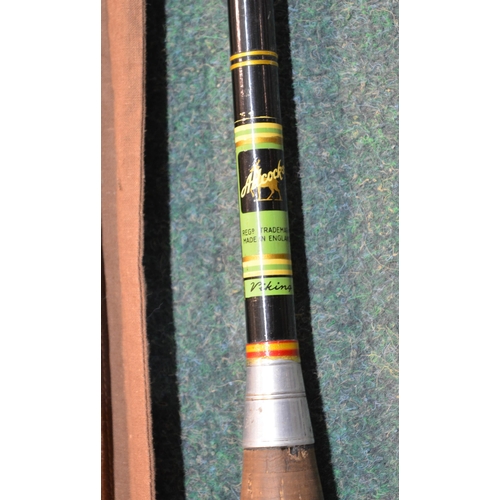 141 - Alcocks three part bamboo fishing rod with canvas bag