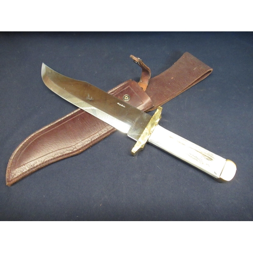 161 - Harry Boden bowie knife with clip blade, brass pommel and crossguard with antler handles, full tang,... 