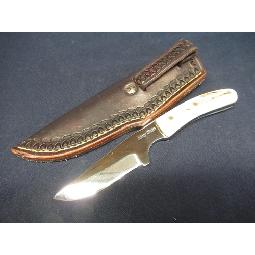 165 - Small Harry Boden skinning knife with antler handles, full tang, blade L9cm, overall L16cm, in leath... 