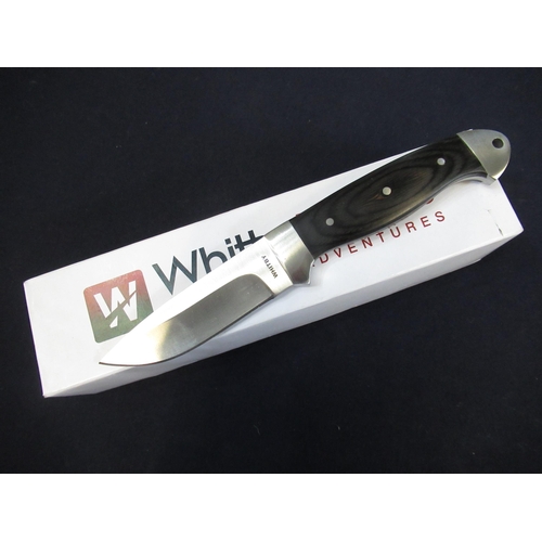 168 - Boxed as new Whitby knives skinning knife with stainless steel full tang blade, two piece ebony and ... 