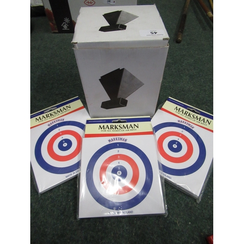 45 - Boxed as new metal target holder with pellet catcher, three packs of marksman targets