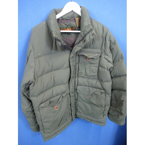 8 - Timberland Weather Gear padded jacket with three outside pockets with press studs in olive green, si... 