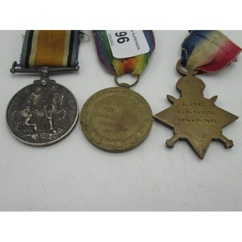 96 - WWI 1914 - 15 Star trio of medals, awarded to A. 6740  W. E. Sands Smm. R.N.R