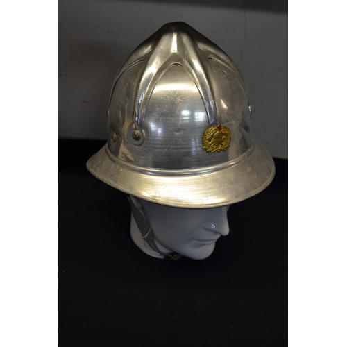 293 - Possible civil defence type helmet, aluminium with full liner and chin strap