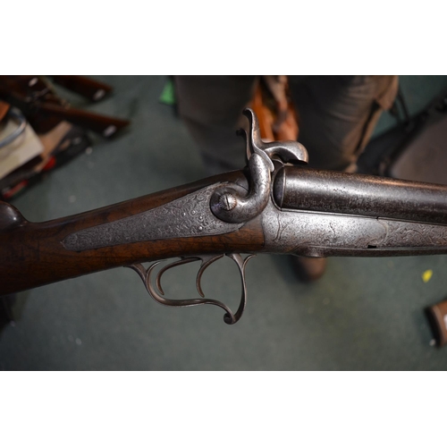 355 - Double barrelled pinfire shotgun with under lever with ornate engraving through action and trigger g... 