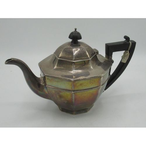 19 - Geo.V hallmarked Sterling silver octagonal teapot with ebonised handle and finial (maker unknown), B... 
