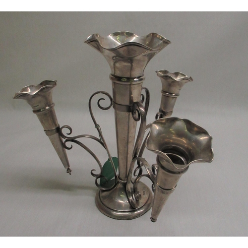 20 - Geo.V hallmarked Sterling silver epergne, the  three vases in scrolled frame on circular base, by Wa... 