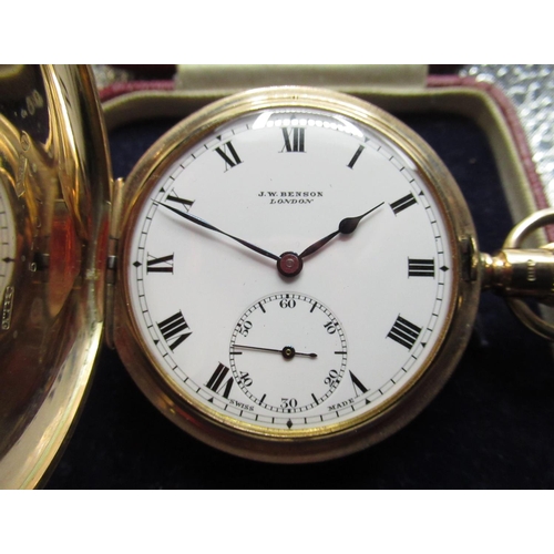 192 - J. W. Benson, London, 9ct rose gold Hunter keyless wound pocket watch, hinged case back and cuvette ... 