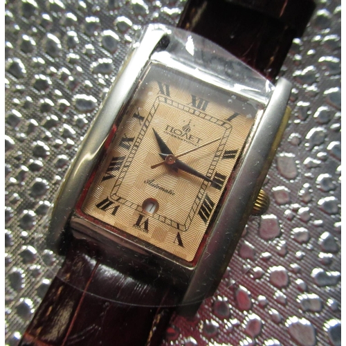 197 - As new Poljot International automatic wristwatch with date, rectangular stainless steel and gold pla... 