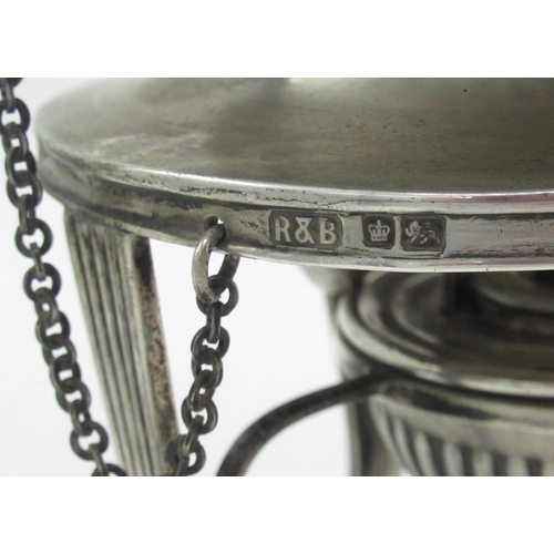 5 - Edw.VII hallmarked Sterling silver spirit kettle with half reeded body and burner on four out splaye... 