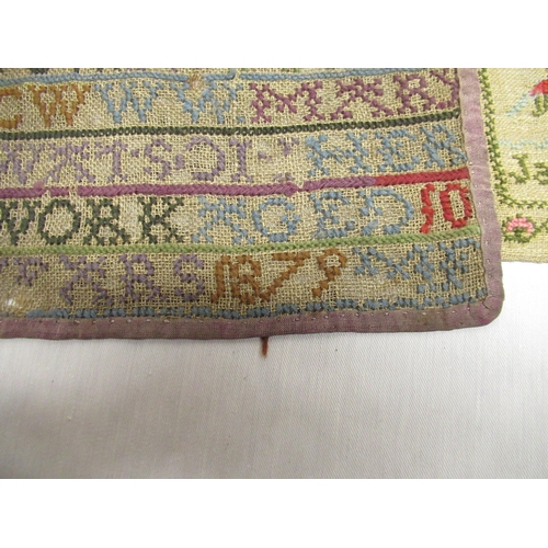 255 - Geo. IV wool work sampler, worked with upper and lowercase alphabet, motto and stylised fruit basket... 